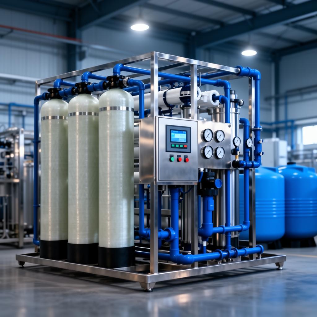 Commercial reverse osmosis water purification plant with stainless steel frame, FRP pressure vessels and digital control panel